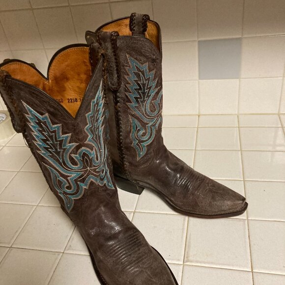 Lucchese Handmade Cowboy Boots Size 10.5 D Snip Toe Blue Embroidery main image 4